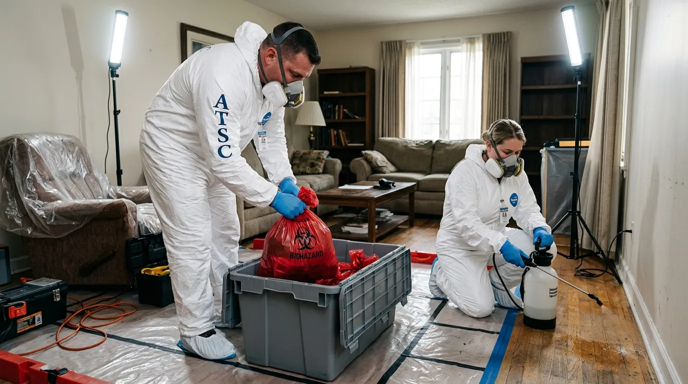 Professional Biohazard Cleanup technician in full PPE working in Redondo Beach
